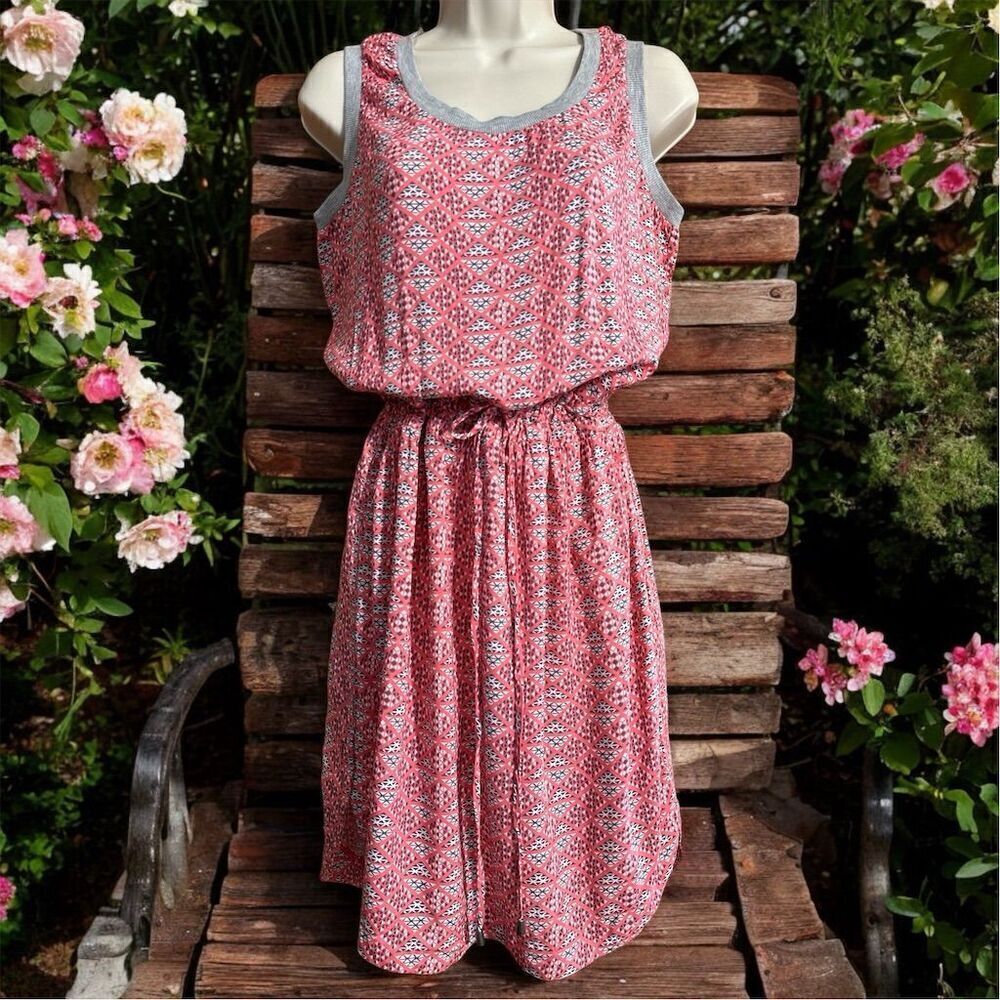 Allison Brittney Pink Gray Sleeveless Scoop Neck Geometric Print Waist Tie Dress